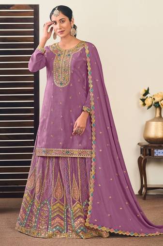Lilac chiffon sequins work semi stitched salwar suits suits size up to 42