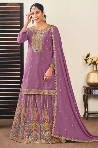 Lilac chiffon sequins work semi stitched salwar suits suits size up to 42