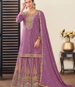 Lilac chiffon sequins work semi stitched salwar suits suits size up to 42