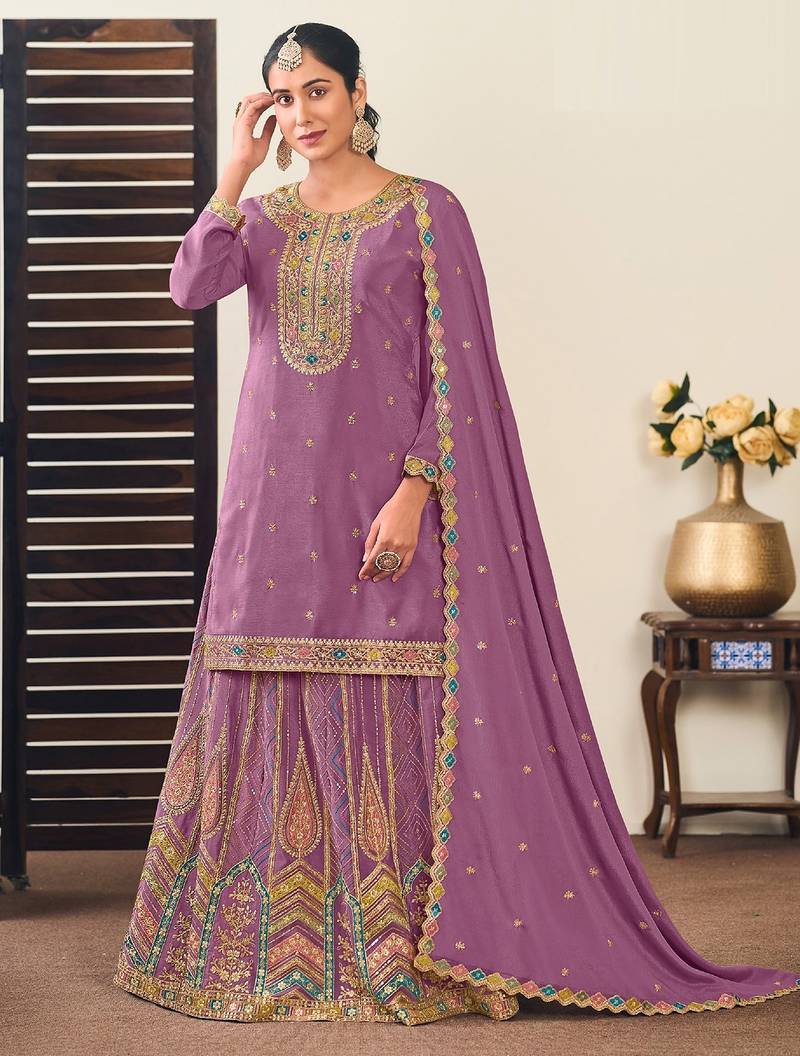 Lilac chiffon sequins work semi stitched salwar suits suits size up to 42