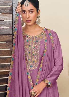 Lilac chiffon sequins work semi stitched salwar suits suits size up to 42 2