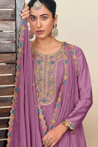 Lilac chiffon sequins work semi stitched salwar suits suits size up to 42
