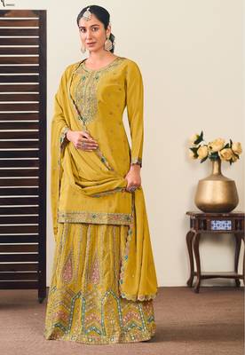 Mustard chiffon sequins work semi stitched salwar suits suits size up to 42 1