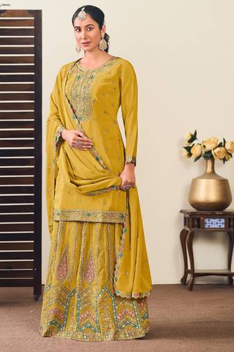 Mustard chiffon sequins work semi stitched salwar suits suits size up to 42