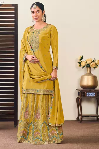Mustard chiffon sequins work semi stitched salwar suits suits size up to 42
