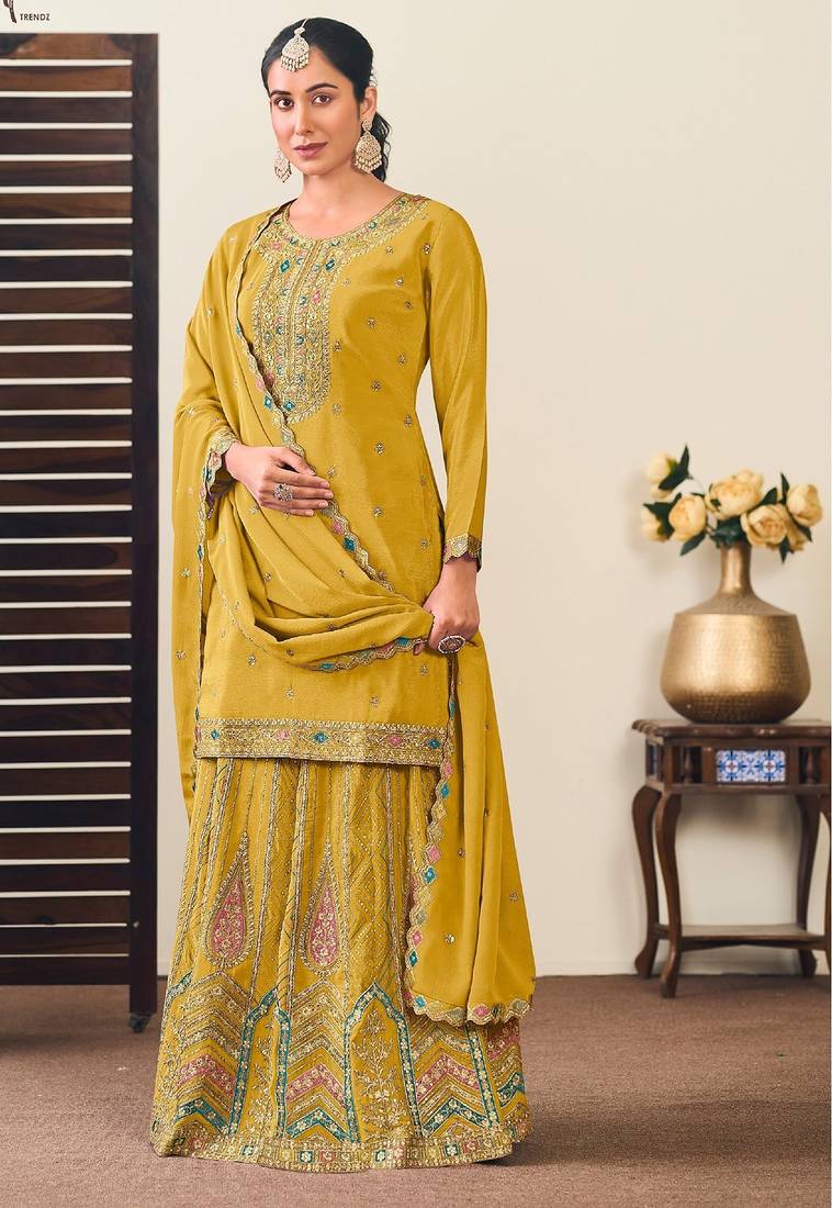 Mustard chiffon sequins work semi stitched salwar suits suits size up to 42