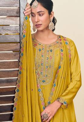 Mustard chiffon sequins work semi stitched salwar suits suits size up to 42 2