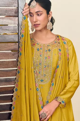 Mustard chiffon sequins work semi stitched salwar suits suits size up to 42
