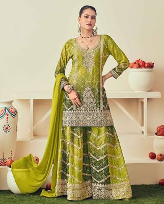 Green chiffon sequins work semi stitched salwar suits suits size up to 42 1
