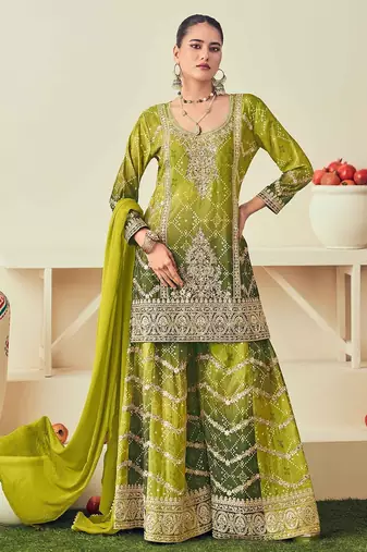 Green chiffon sequins work semi stitched salwar suits suits size up to 42