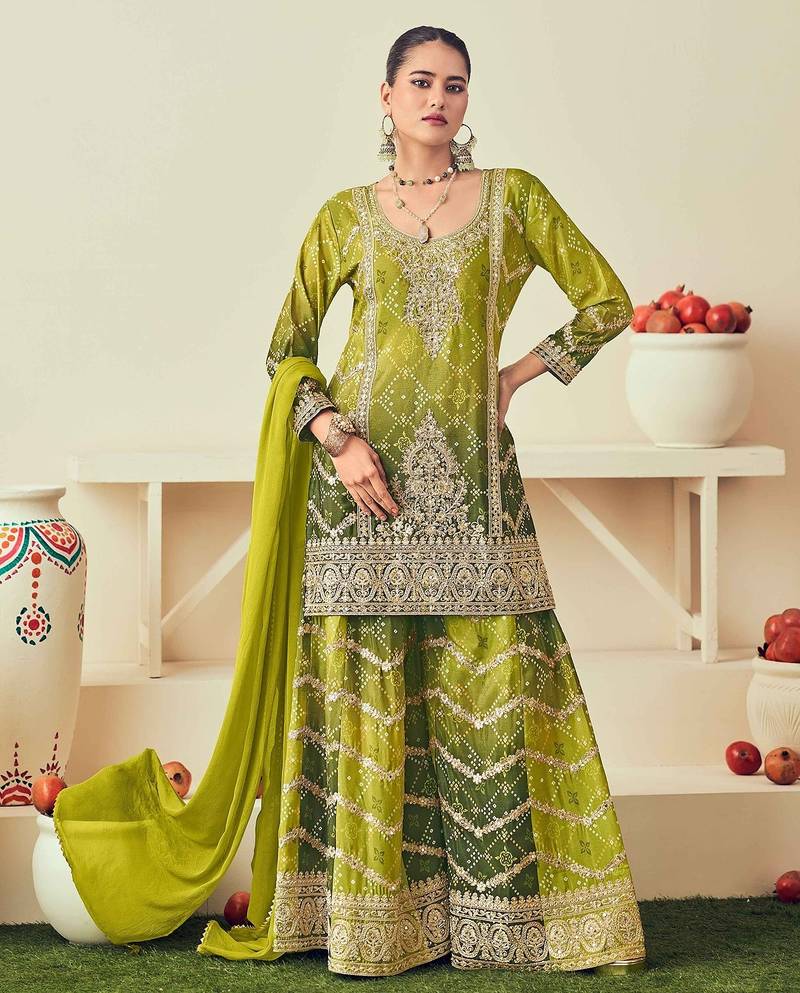 Green chiffon sequins work semi stitched salwar suits suits size up to 42