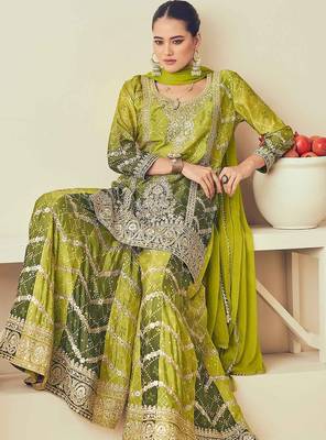 Green chiffon sequins work semi stitched salwar suits suits size up to 42 2