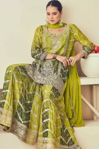 Green chiffon sequins work semi stitched salwar suits suits size up to 42