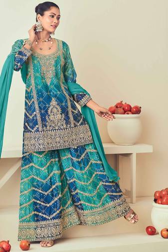 Blue chiffon sequins work semi stitched salwar suits suits size up to 42