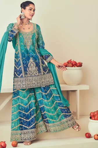 Blue chiffon sequins work semi stitched salwar suits suits size up to 42