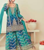 Blue chiffon sequins work semi stitched salwar suits suits size up to 42