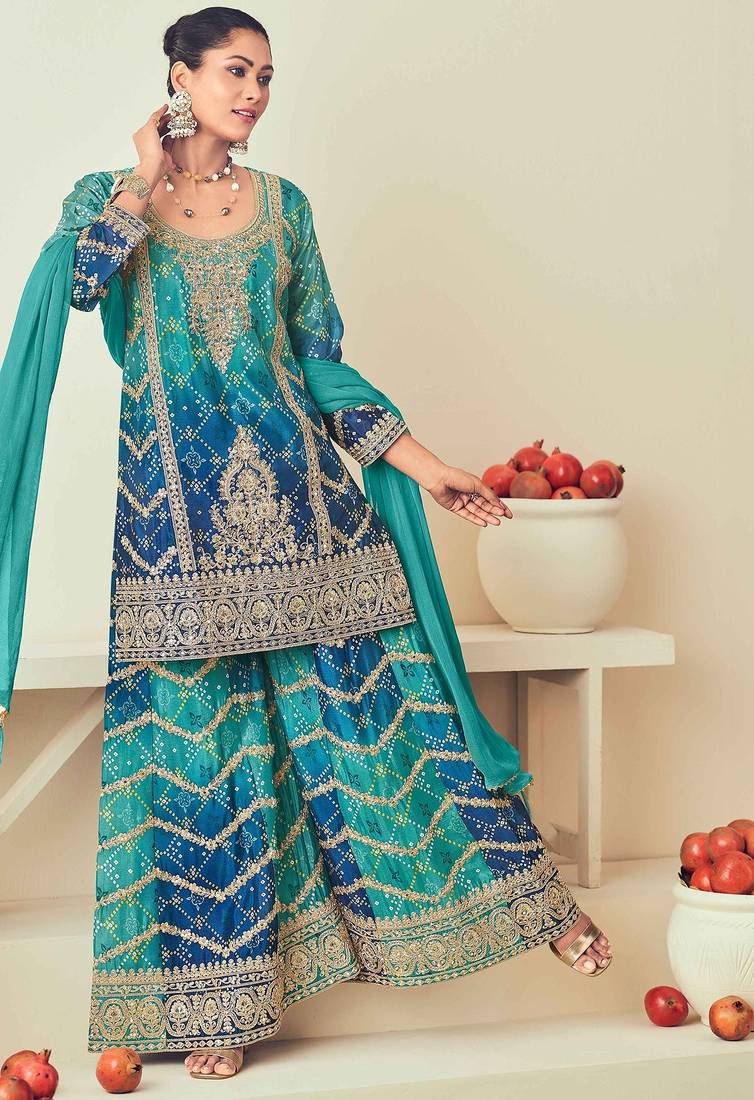 Blue chiffon sequins work semi stitched salwar suits suits size up to 42