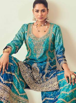 Blue chiffon sequins work semi stitched salwar suits suits size up to 42 2