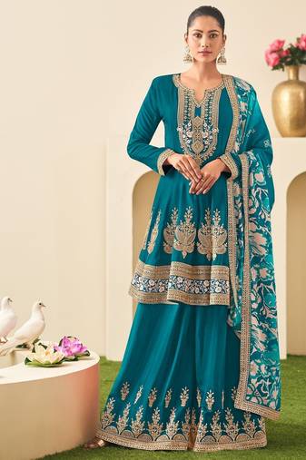 Teal chiffon sequins work semi stitched salwar suits suits size up to 42