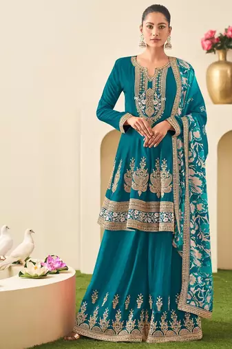Teal chiffon sequins work semi stitched salwar suits suits size up to 42