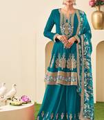 Teal chiffon sequins work semi stitched salwar suits suits size up to 42