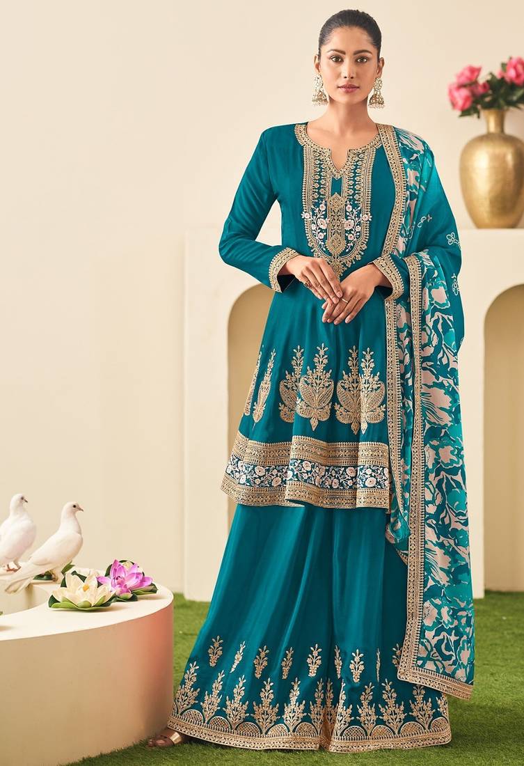 Teal chiffon sequins work semi stitched salwar suits suits size up to 42