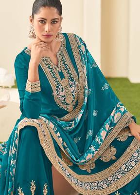 Teal chiffon sequins work semi stitched salwar suits suits size up to 42 2