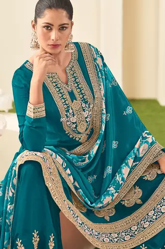 Teal chiffon sequins work semi stitched salwar suits suits size up to 42