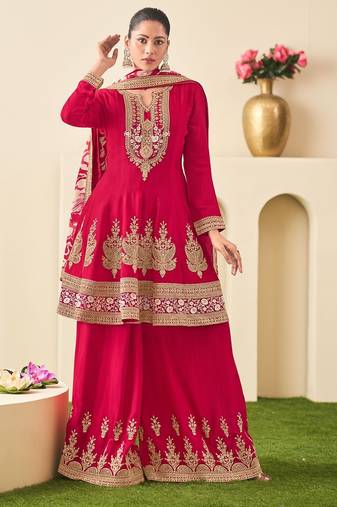 Red chiffon sequins work semi stitched salwar suits suits size up to 42