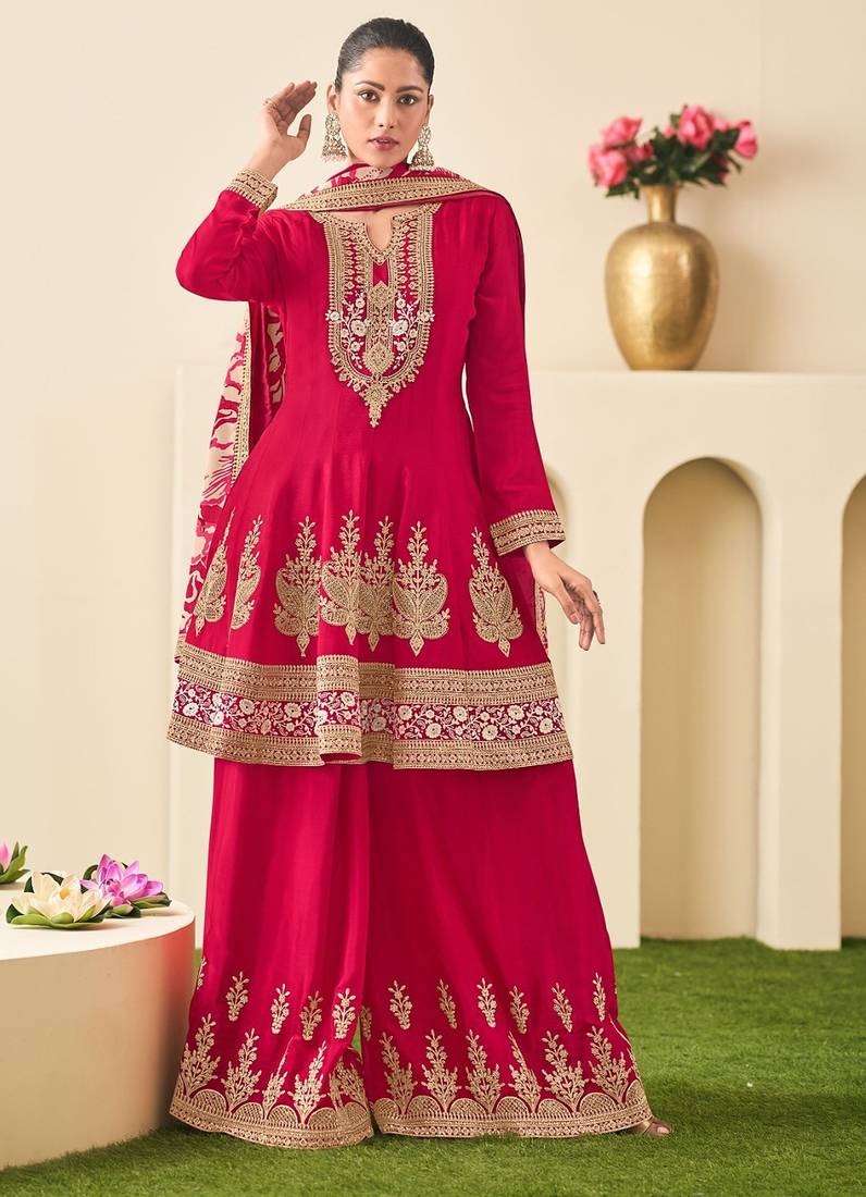 Red chiffon sequins work semi stitched salwar suits suits size up to 42