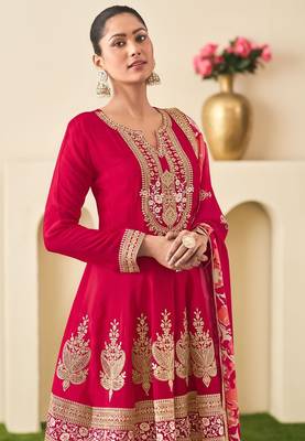 Red chiffon sequins work semi stitched salwar suits suits size up to 42 2
