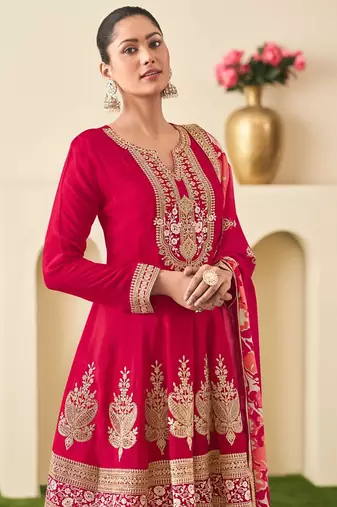 Red chiffon sequins work semi stitched salwar suits suits size up to 42