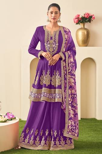 Purple chiffon sequins work semi stitched salwar suits suits size up to 42