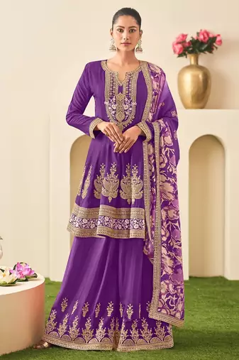 Purple chiffon sequins work semi stitched salwar suits suits size up to 42
