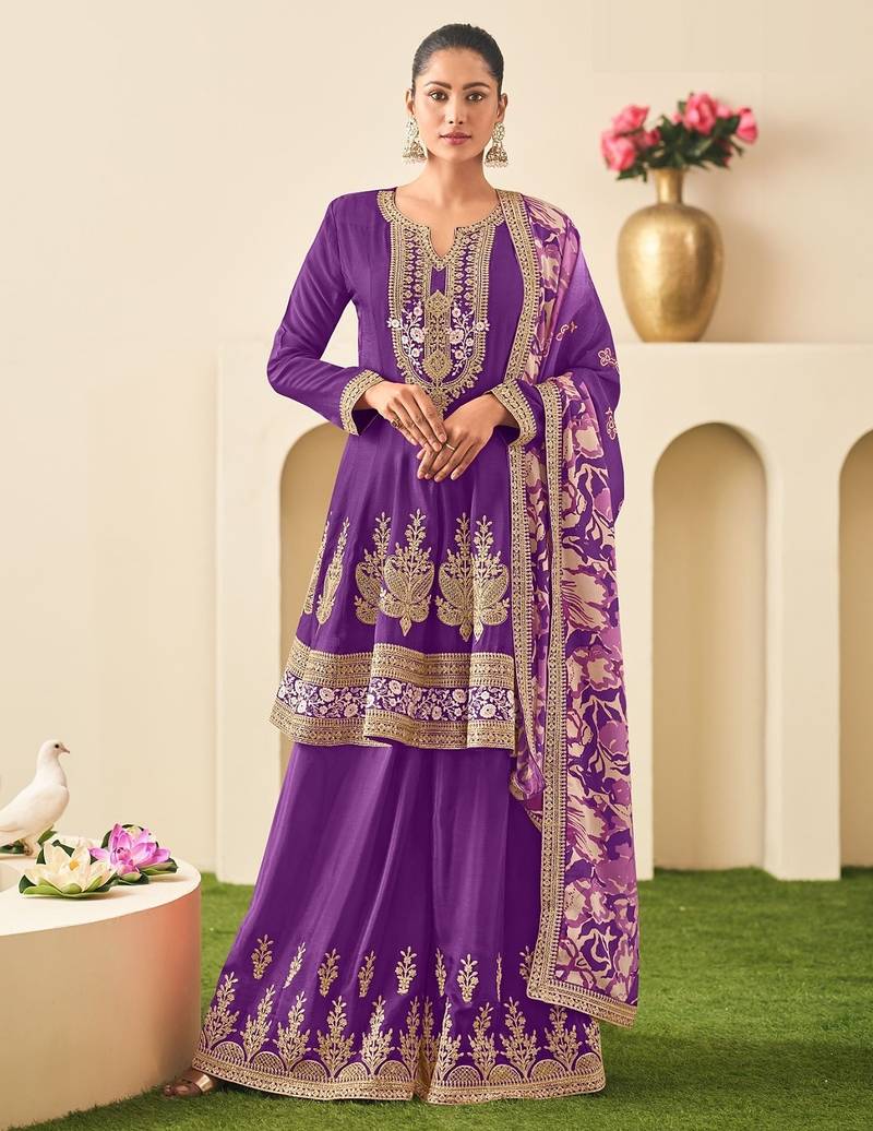 Purple chiffon sequins work semi stitched salwar suits suits size up to 42