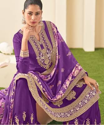 Purple chiffon sequins work semi stitched salwar suits suits size up to 42 2