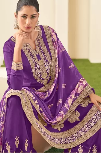 Purple chiffon sequins work semi stitched salwar suits suits size up to 42