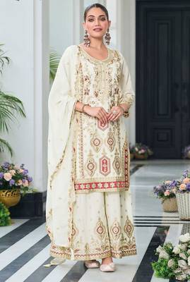Beige chiffon sequins work semi stitched salwar suits suits size up to 42 1