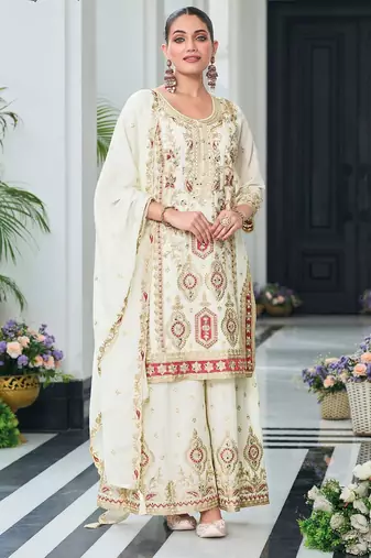 Beige chiffon sequins work semi stitched salwar suits suits size up to 42