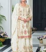 Beige chiffon sequins work semi stitched salwar suits suits size up to 42