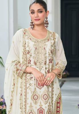 Beige chiffon sequins work semi stitched salwar suits suits size up to 42 2