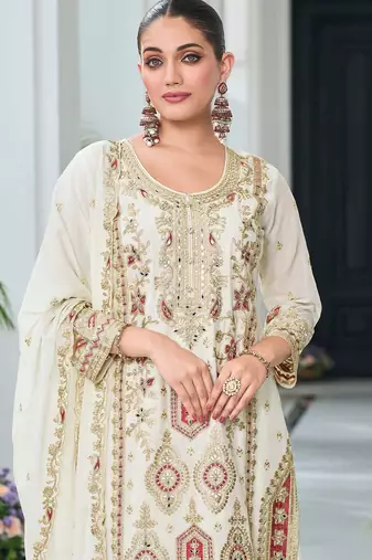 Beige chiffon sequins work semi stitched salwar suits suits size up to 42