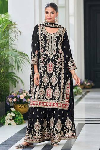 Black chiffon sequins work semi stitched salwar suits suits size up to 42