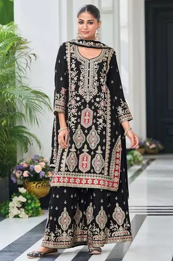 Black chiffon sequins work semi stitched salwar suits suits size up to 42