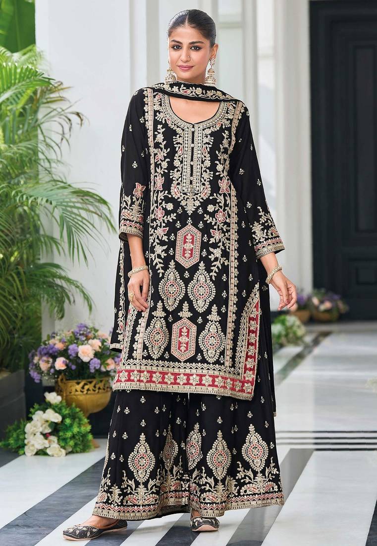 Black chiffon sequins work semi stitched salwar suits suits size up to 42