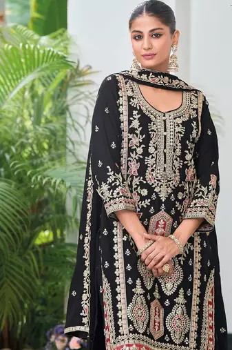Black chiffon sequins work semi stitched salwar suits suits size up to 42