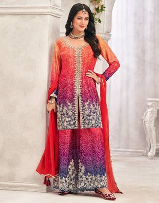 Purple chiffon sequins work semi stitched salwar suits suits size up to 42 1