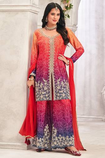 Purple chiffon sequins work semi stitched salwar suits suits size up to 42