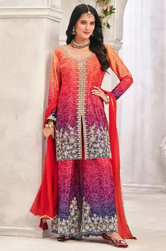 Purple chiffon sequins work semi stitched salwar suits suits size up to 42