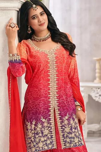 Purple chiffon sequins work semi stitched salwar suits suits size up to 42